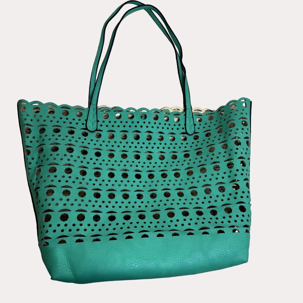 Reversible Double Handle Tote Purse Bag Cut Out Green